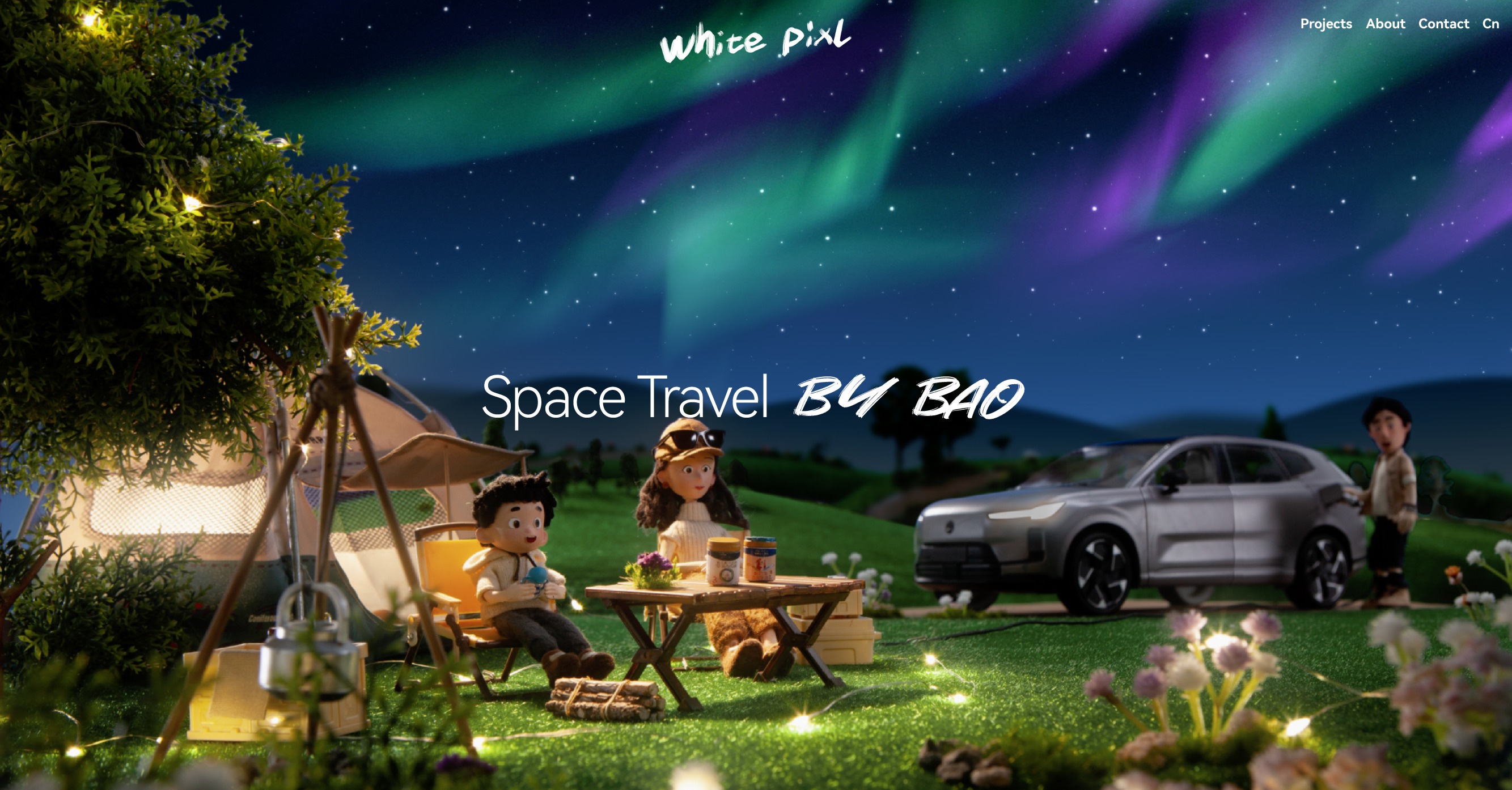 Family camping beneath a colorful aurora beside a silver car