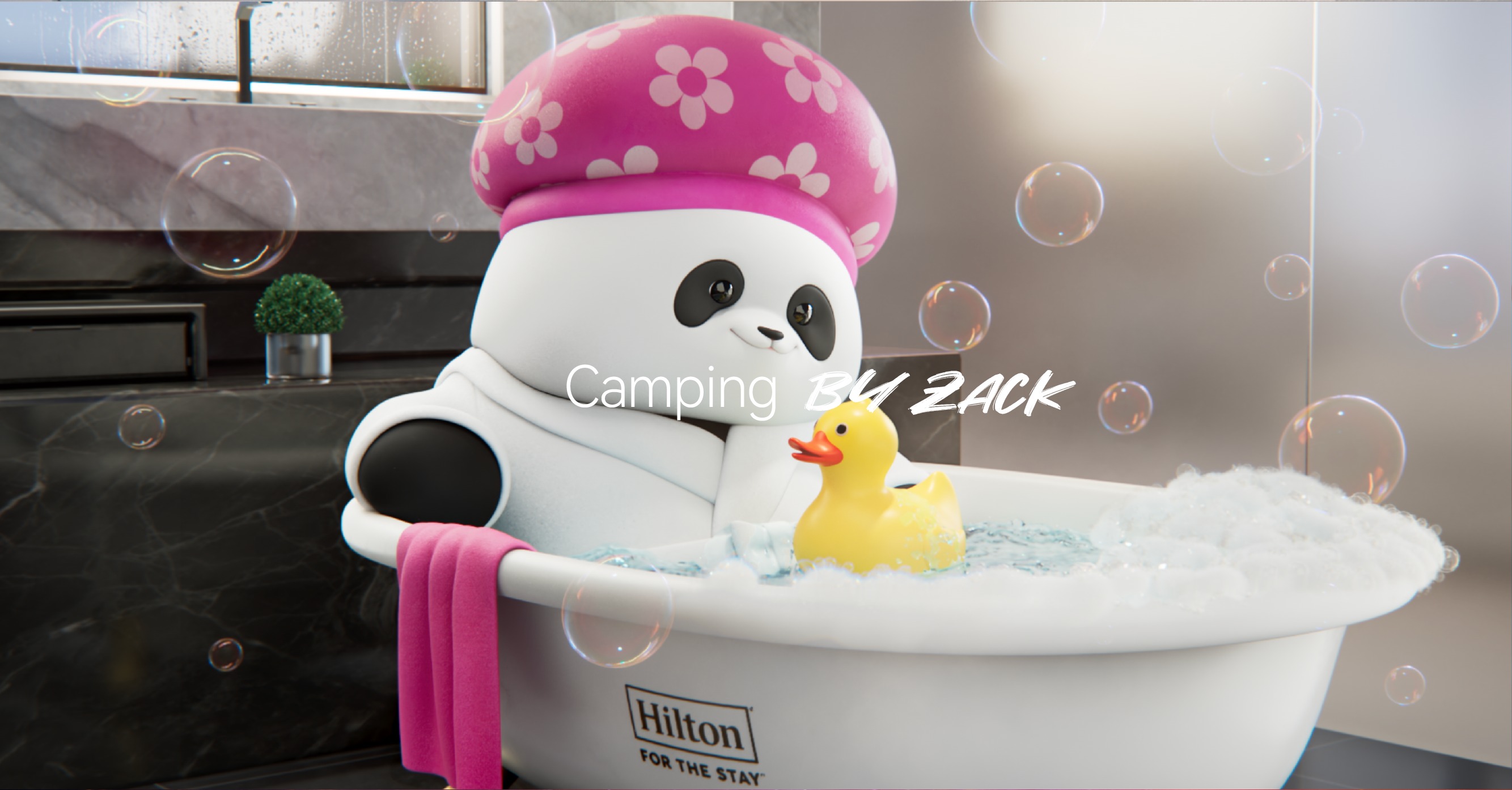 Panda character taking a bubble bath