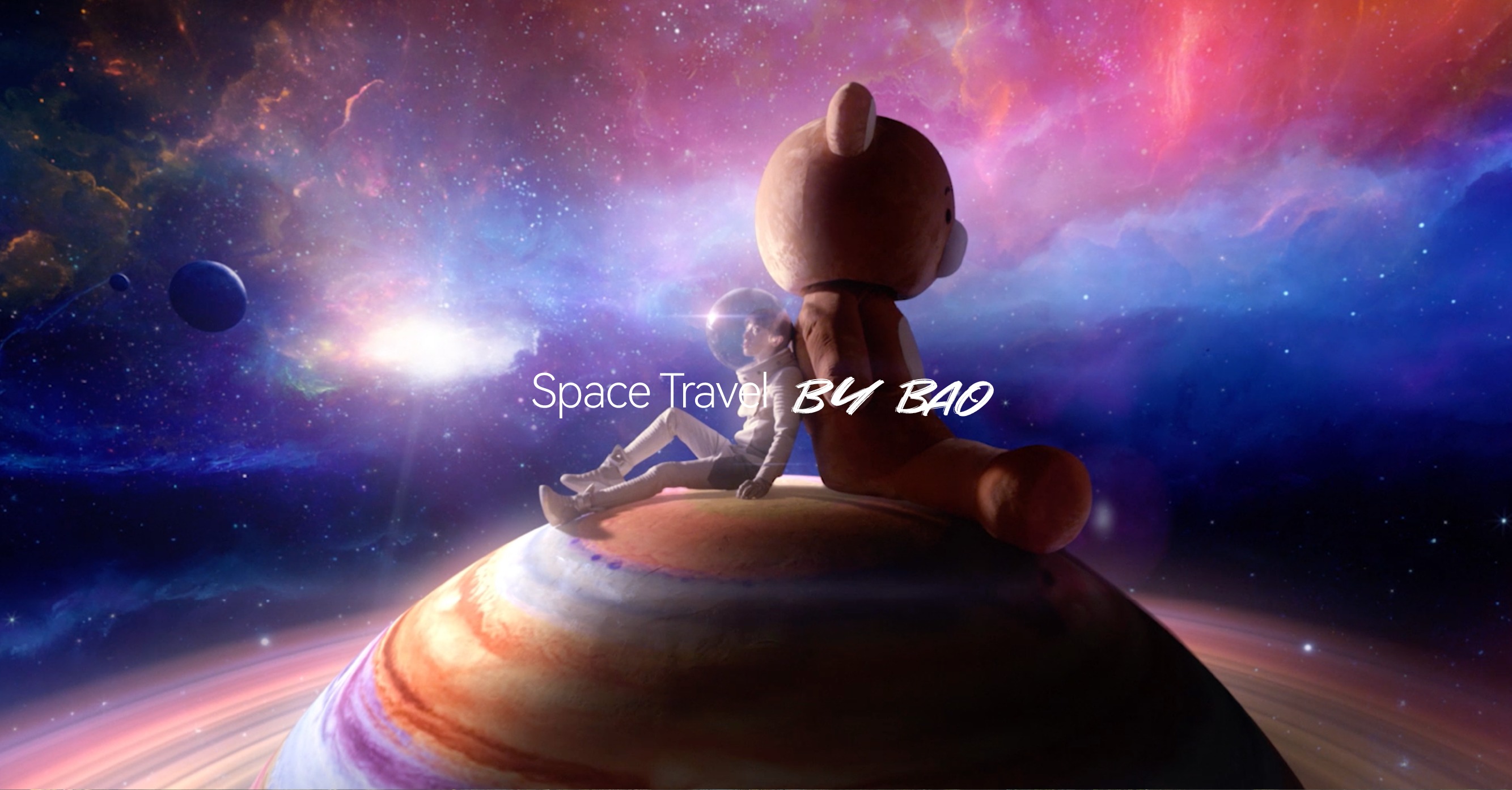 Character seated on a planet overlooking a colorful galaxy