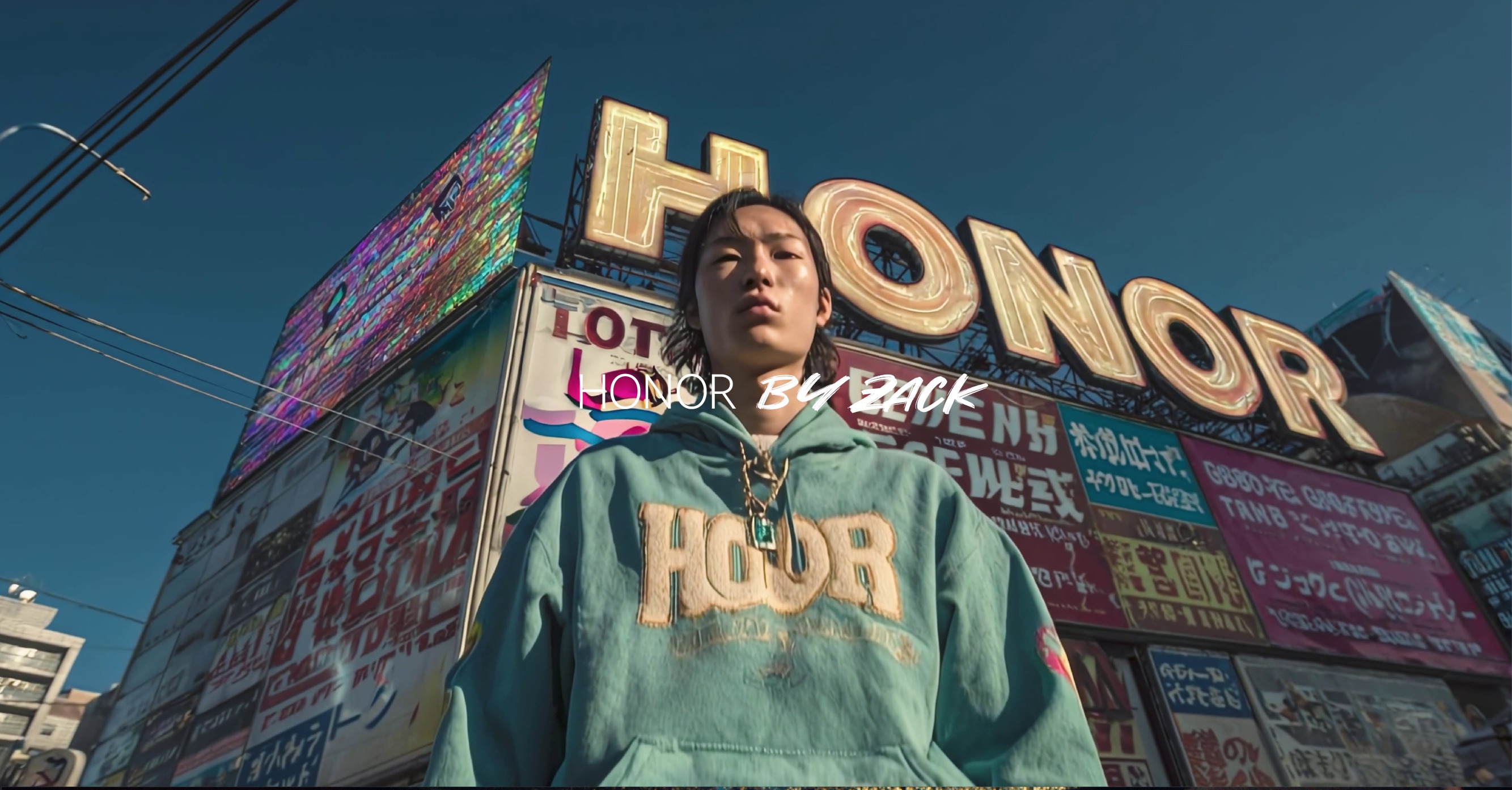 Portrait beneath a colorful Honor city billboard